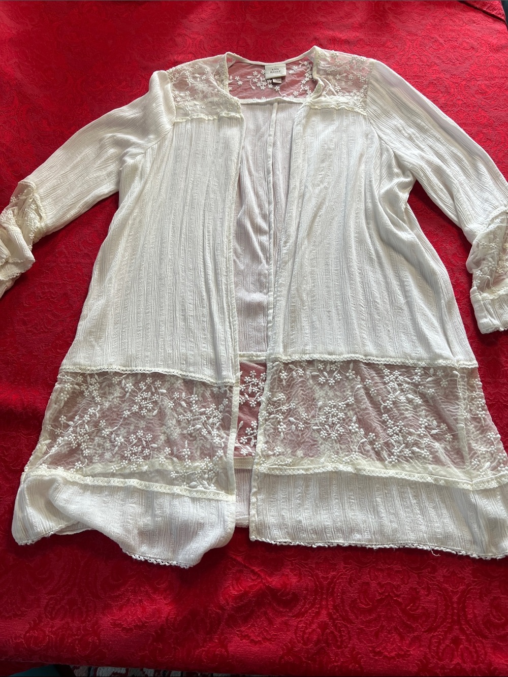 Knox Rose Lace Duster Cardigan Women's Large White Boho Open Front Lightweight